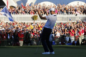 Martin Kaymer of Europe celebrates after holing the decisive putt